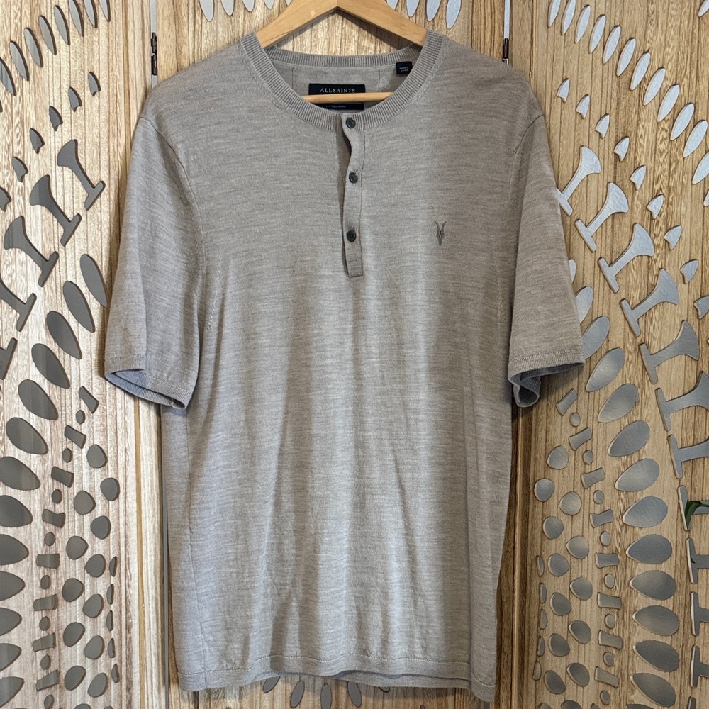 All Saints Taupe Merino Wool Henley